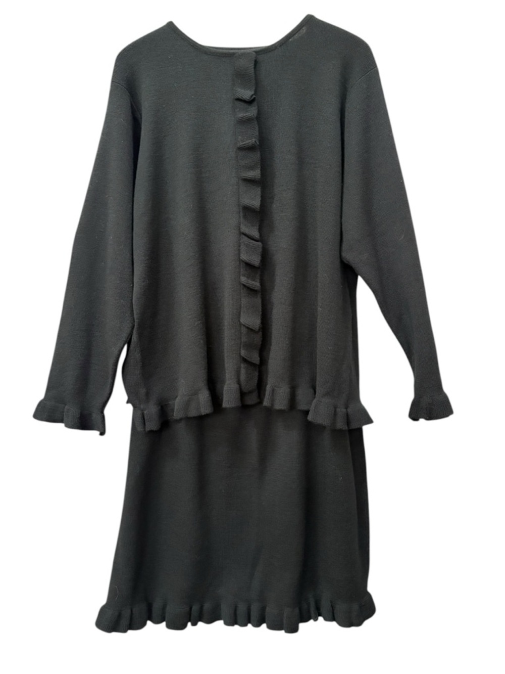 Carol Patterson Knits Solid Black Ruffle Trim Knit Two-Piece Set Sweater Skirt L